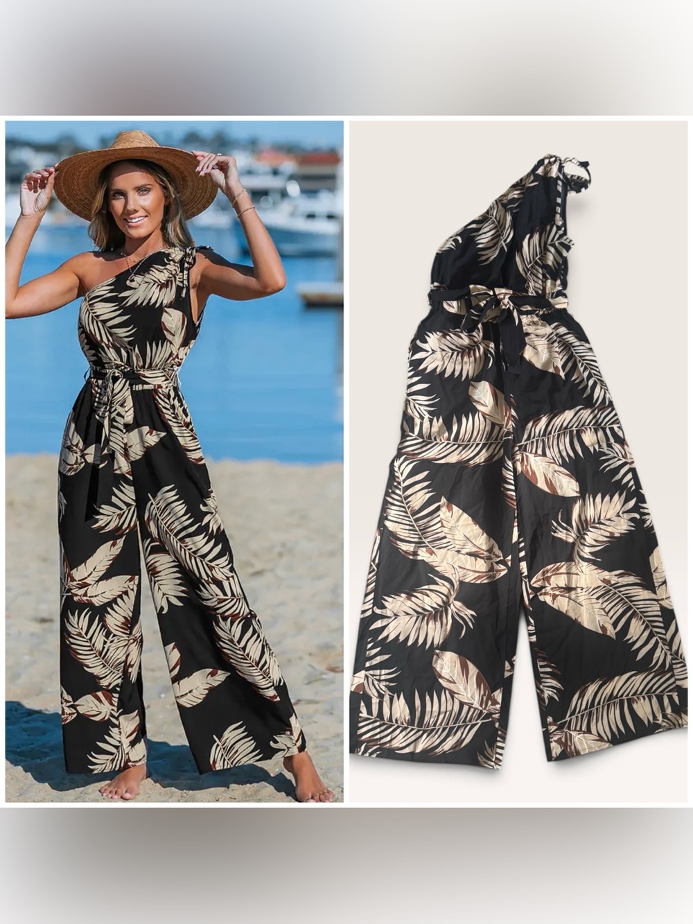 NEW Cupshe Midnight Tropics One-Shoulder Wide Leg Jumpsuit, Small